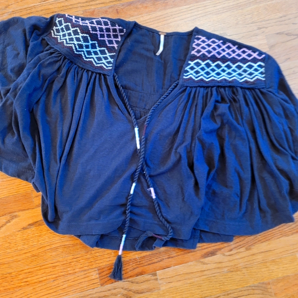 FP Cropped Loose Fit Embroidered Retro Tie Front Cap Sleeve Navy Blue Blouse